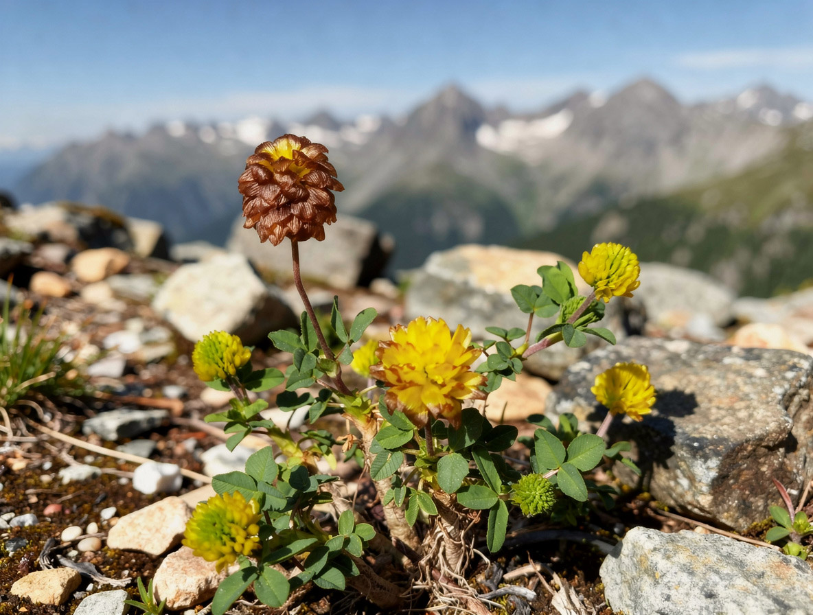 Trifolium badium in bloom in an alpine meadow of the Alps